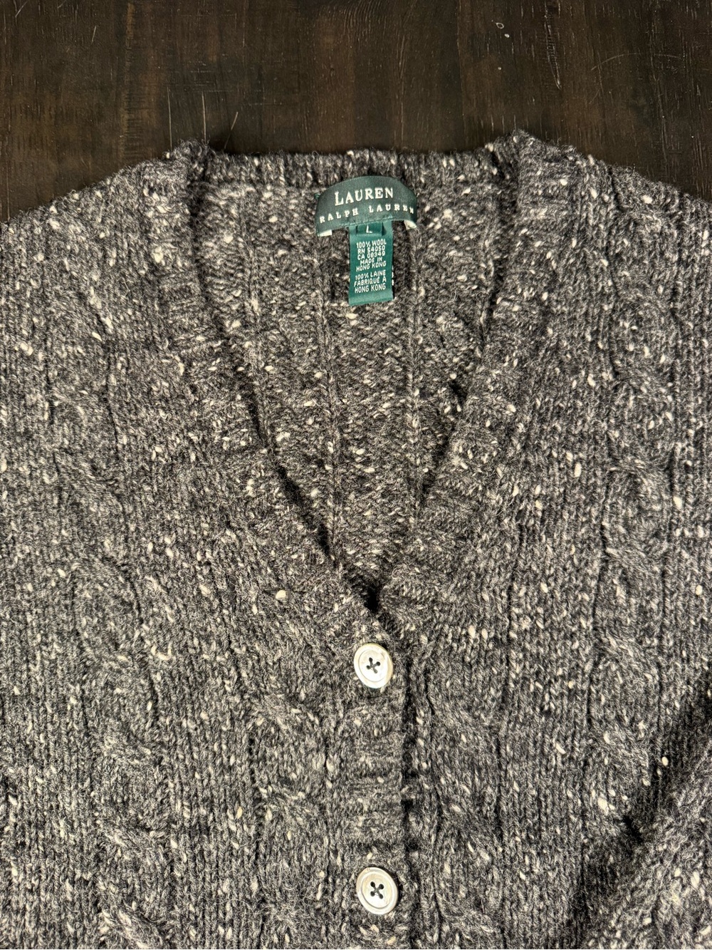 Lauren Ralph Lauren Charcoal Speckled V-Neck Cable Knit Cardigan 100% Wool